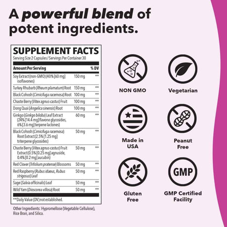 Tabla nutricional del suplemento LifeSeasons Pausitivi-T Fórmula Herbal para Mujer 60 cápsulas