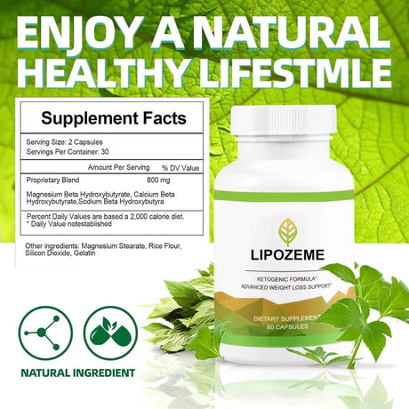 Tabla nutricional del suplemento Lipozem Fórmula Cetogénica con BHB 60 Cápsulas
