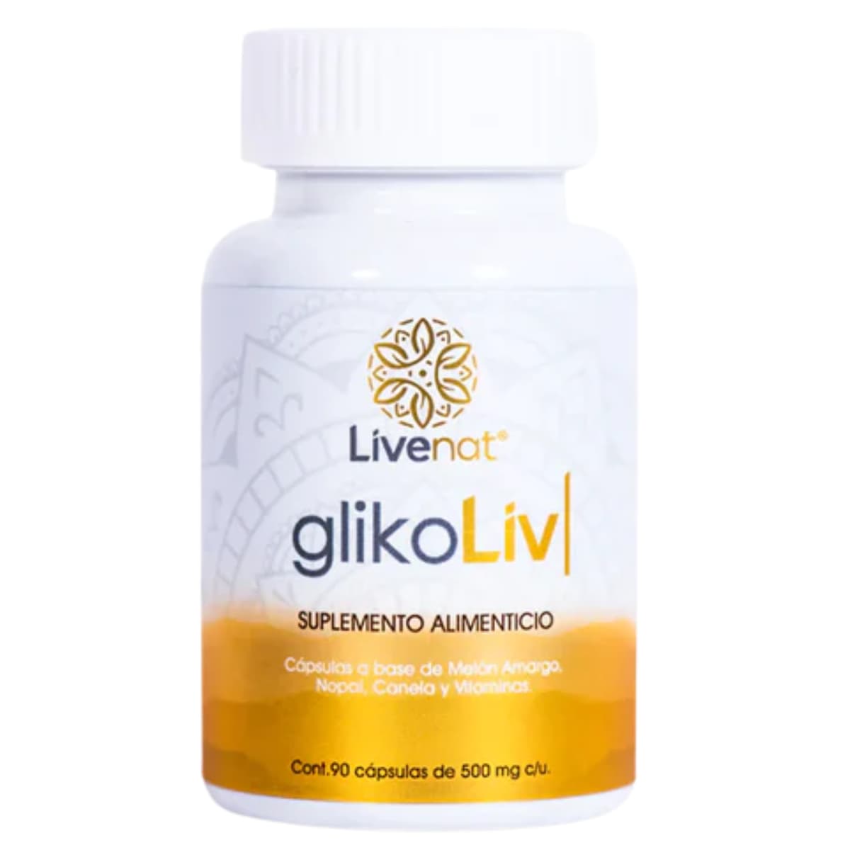 Frasco frontal de Livenat GlikoLiv con melón amargo, nopal y canela, 90 cápsulas