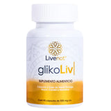 Frasco frontal de Livenat GlikoLiv con melón amargo, nopal y canela, 90 cápsulas