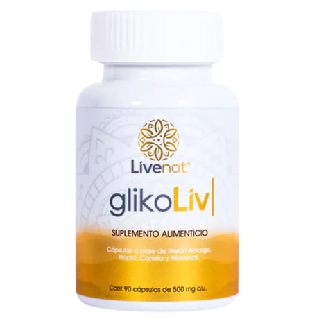 Frasco frontal de Livenat GlikoLiv con melón amargo, nopal y canela, 90 cápsulas