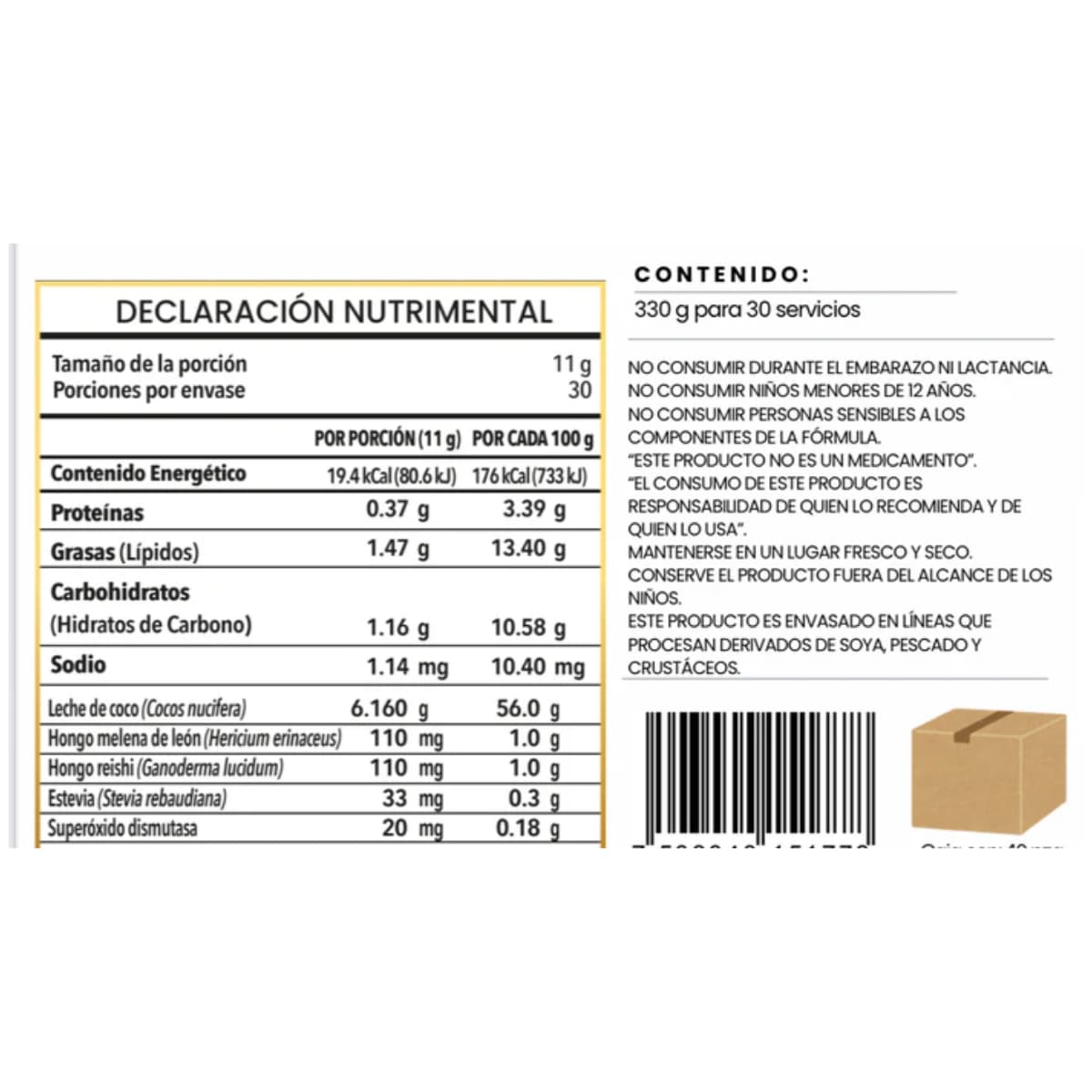 Información nutricional de Livenat Latte Live Premium con leche de coco, 330 g