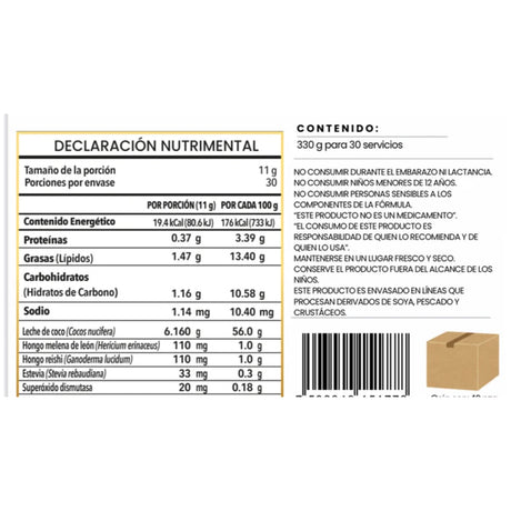 Información nutricional de Livenat Latte Live Premium con leche de coco, 330 g