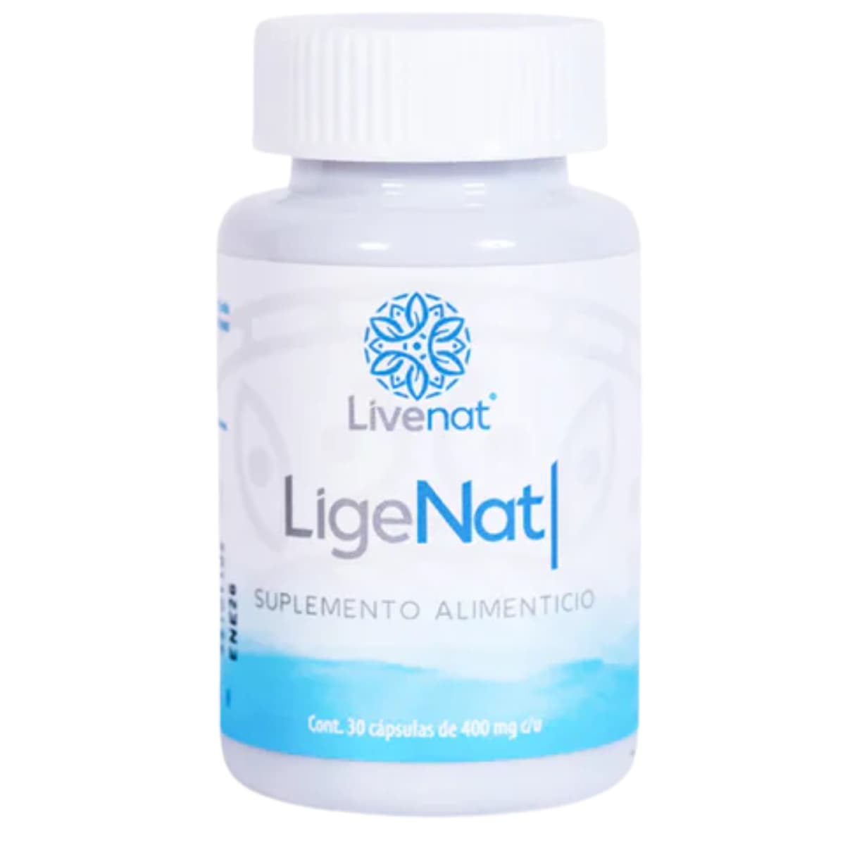 Frasco frontal de Livenat LigeNat con extracto de ciruelo y acetil L-carnitina, 30 cápsulas