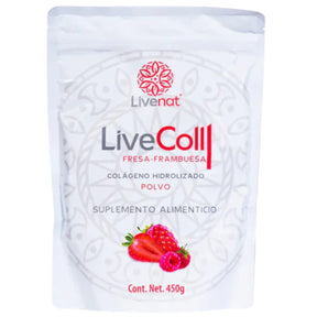 Bolsa frontal de Livenat LiveColl colágeno hidrolizado sabor fresa y frambuesa, 450 g