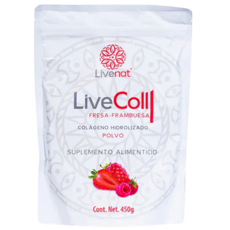 Bolsa frontal de Livenat LiveColl colágeno hidrolizado sabor fresa y frambuesa, 450 g