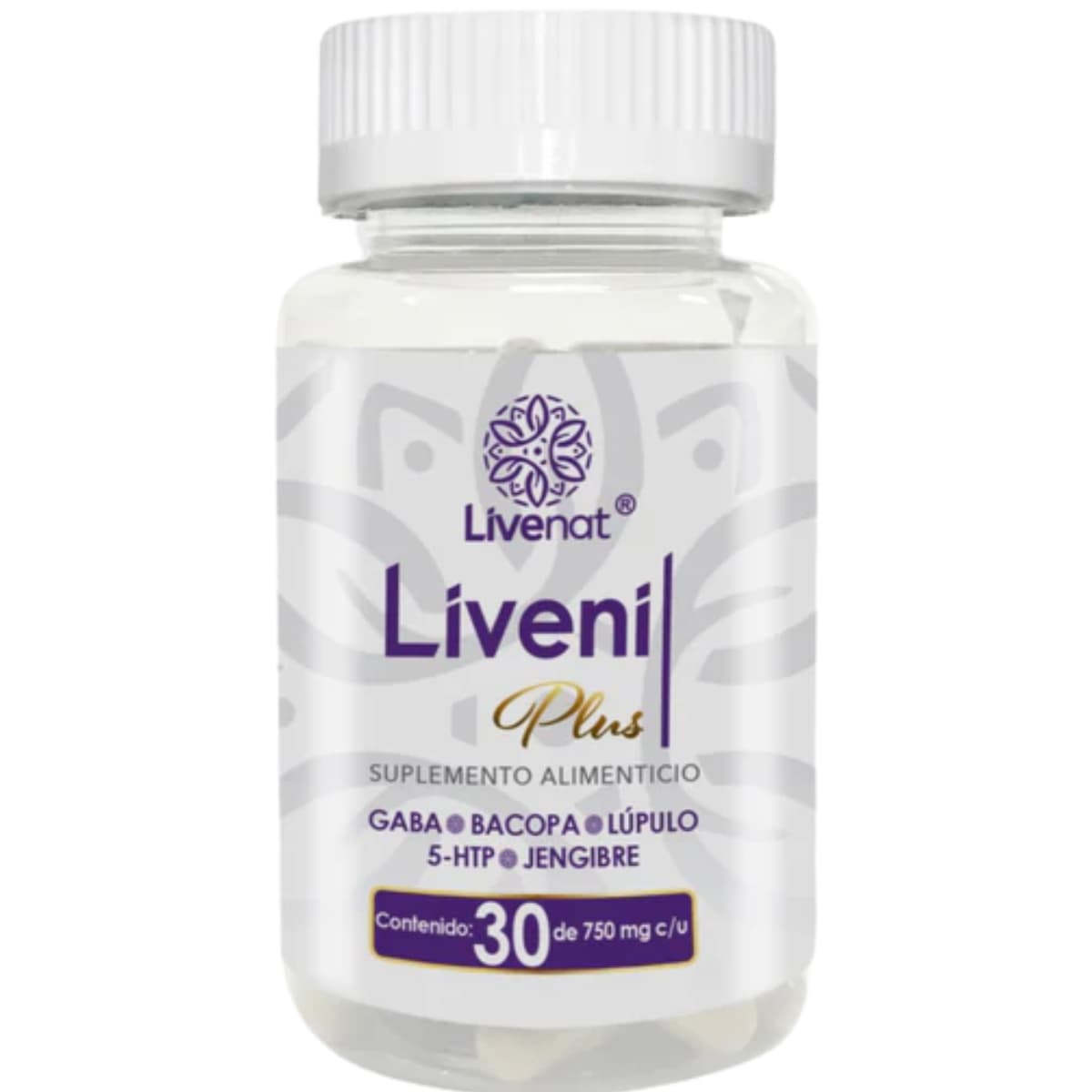 Frasco frontal de Livenat Livenil Plus, presentación de 30 cápsulas.
