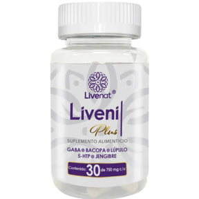 Frasco frontal de Livenat Livenil Plus, presentación de 30 cápsulas.