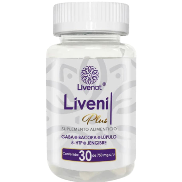 Frasco frontal de Livenat Livenil Plus, presentación de 30 cápsulas.