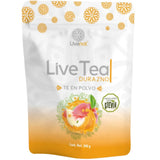 Bolsa frontal de Livenat LiveTea sabor durazno, presentación de 300 g.