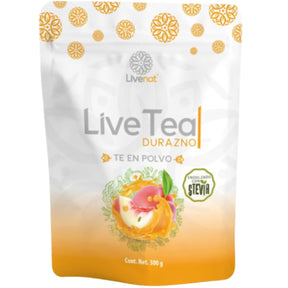 Bolsa frontal de Livenat LiveTea sabor durazno, presentación de 300 g.
