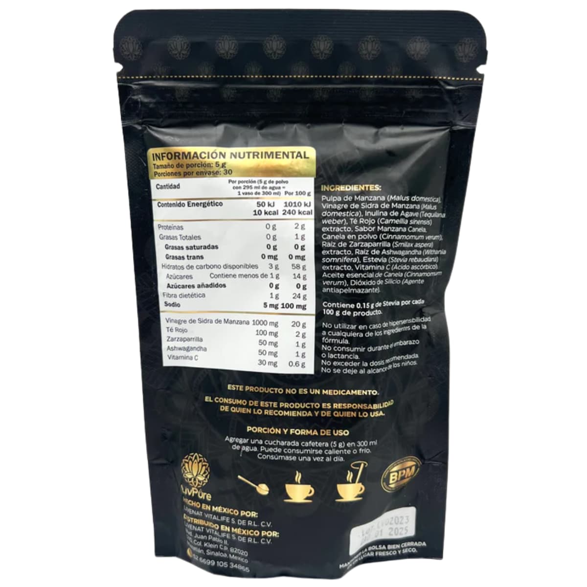 Información nutricional y modo de uso de Livenat LivPure Golden Tea Fussion, 150 g