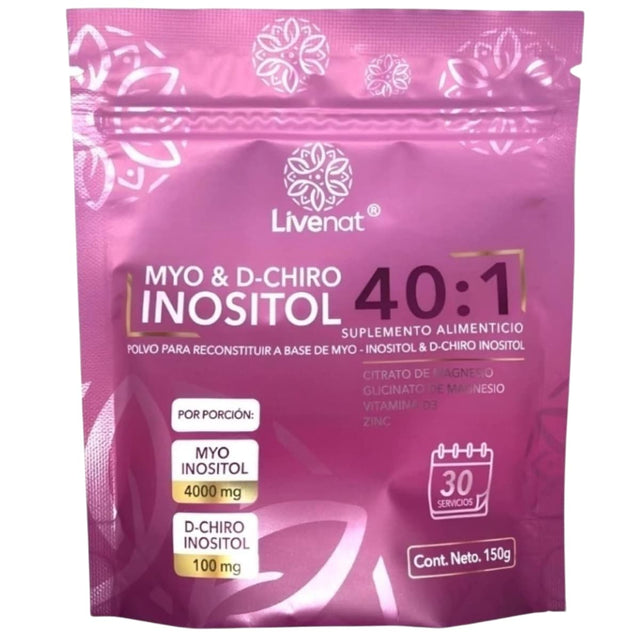Bolsa frontal de Livenat Myo & D-Chiro Inositol 40:1, presentación de 150 g.