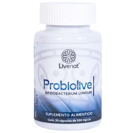 Frasco frontal de Livenat Probiolive con Bifidobacterium longum y 30 cápsulas