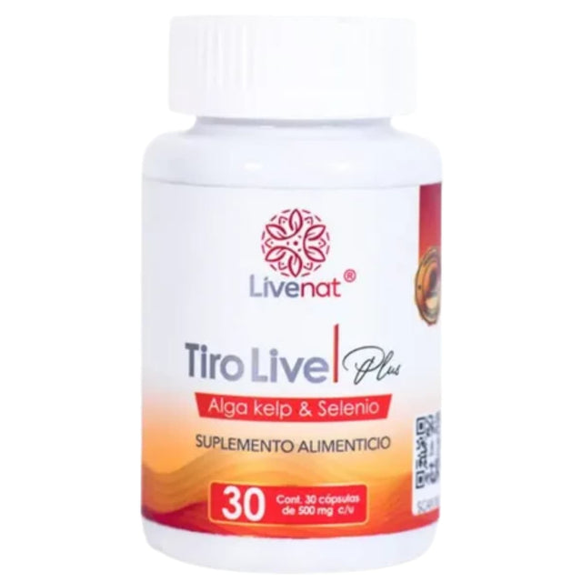 Frasco frontal de Livenat Tiro Live Plus con alga kelp y selenio, presentación de 30 cápsulas.