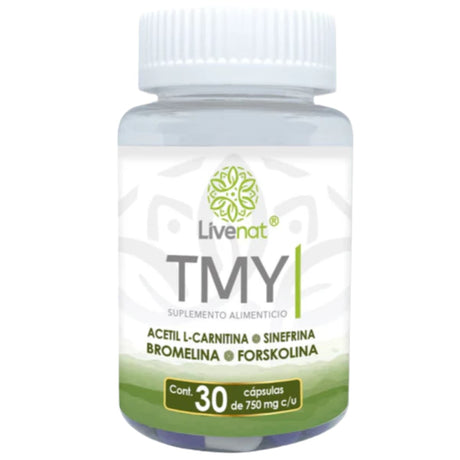 Frasco frontal de Livenat TMY, presentación de 30 cápsulas.