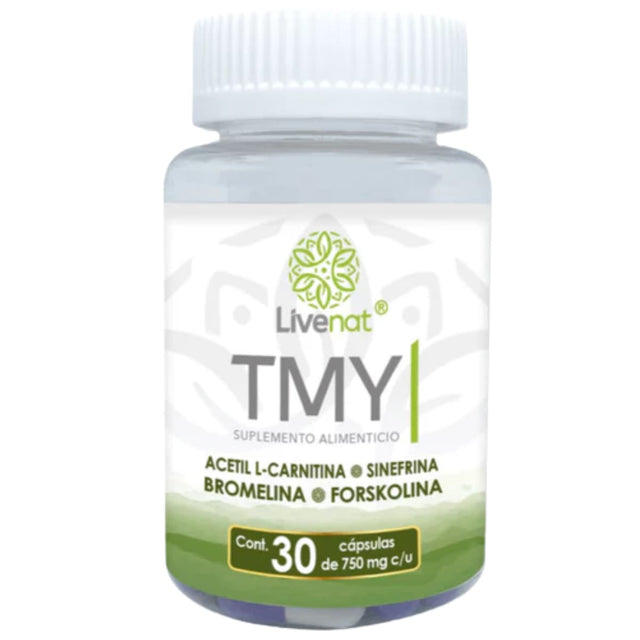 Frasco frontal de Livenat TMY, presentación de 30 cápsulas.