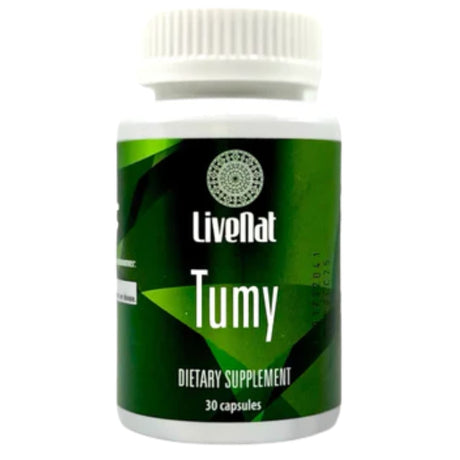 Frasco frontal de Livenat Tumy, presentación de 30 cápsulas.