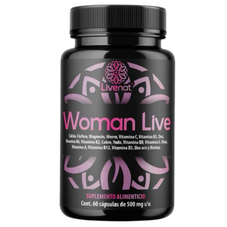 Frasco frontal de Livenat Woman Live multivitamínico para mujer con 60 cápsulas