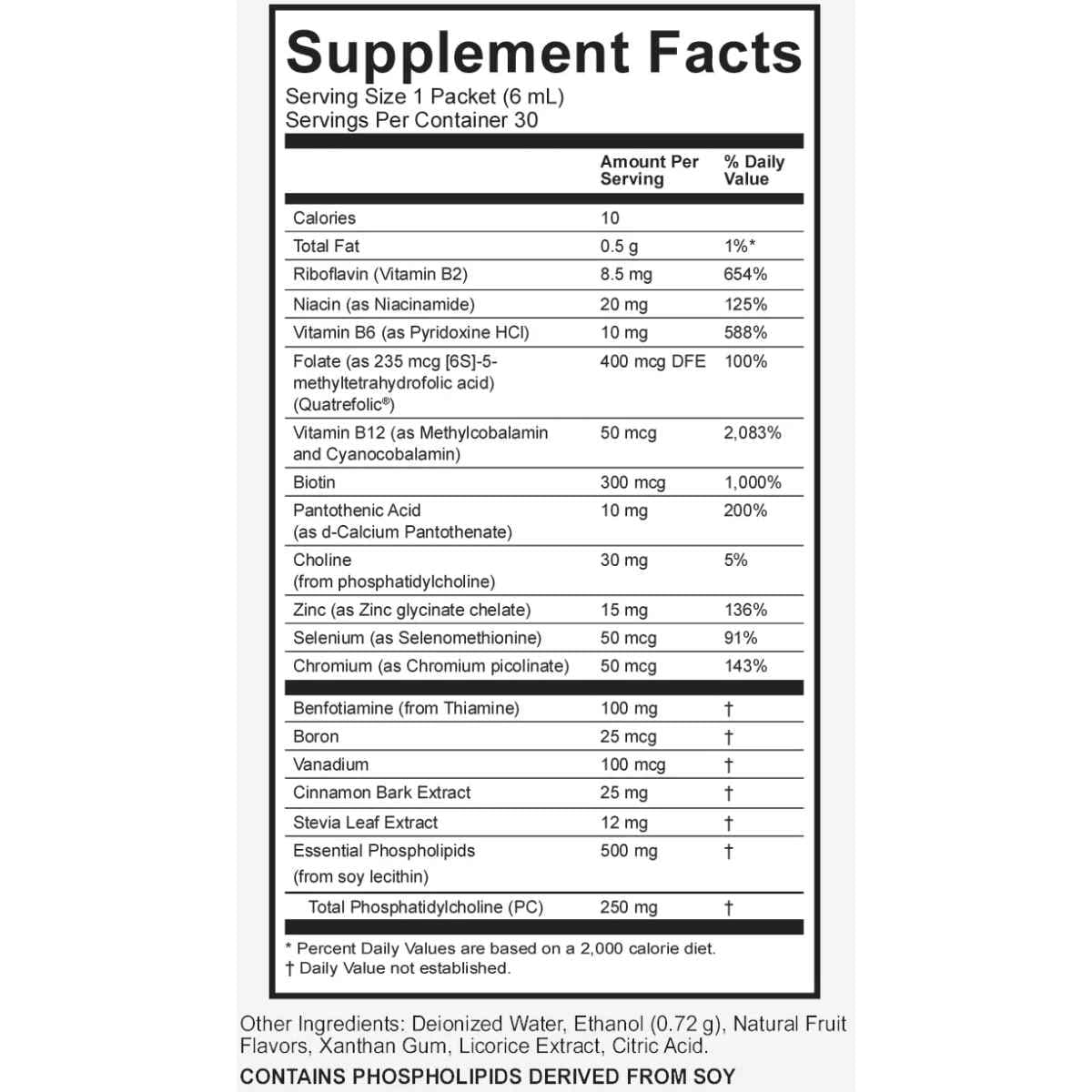 Tabla nutricional del suplemento LivOn Laboratories Complejo B Plus Lypo-Spheric 30 paquetes