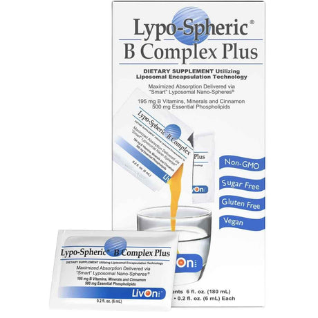 Frasco de suplemento LivOn Laboratories Complejo B Plus Lypo-Spheric 30 paquetes