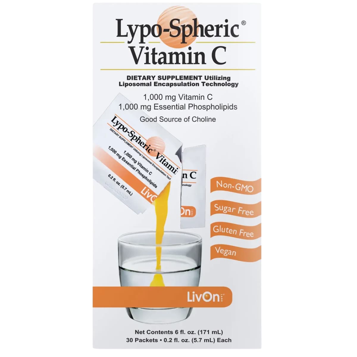 Caja de LivOn Labs Vitamina C Liposomal en presentación de 30 sobres