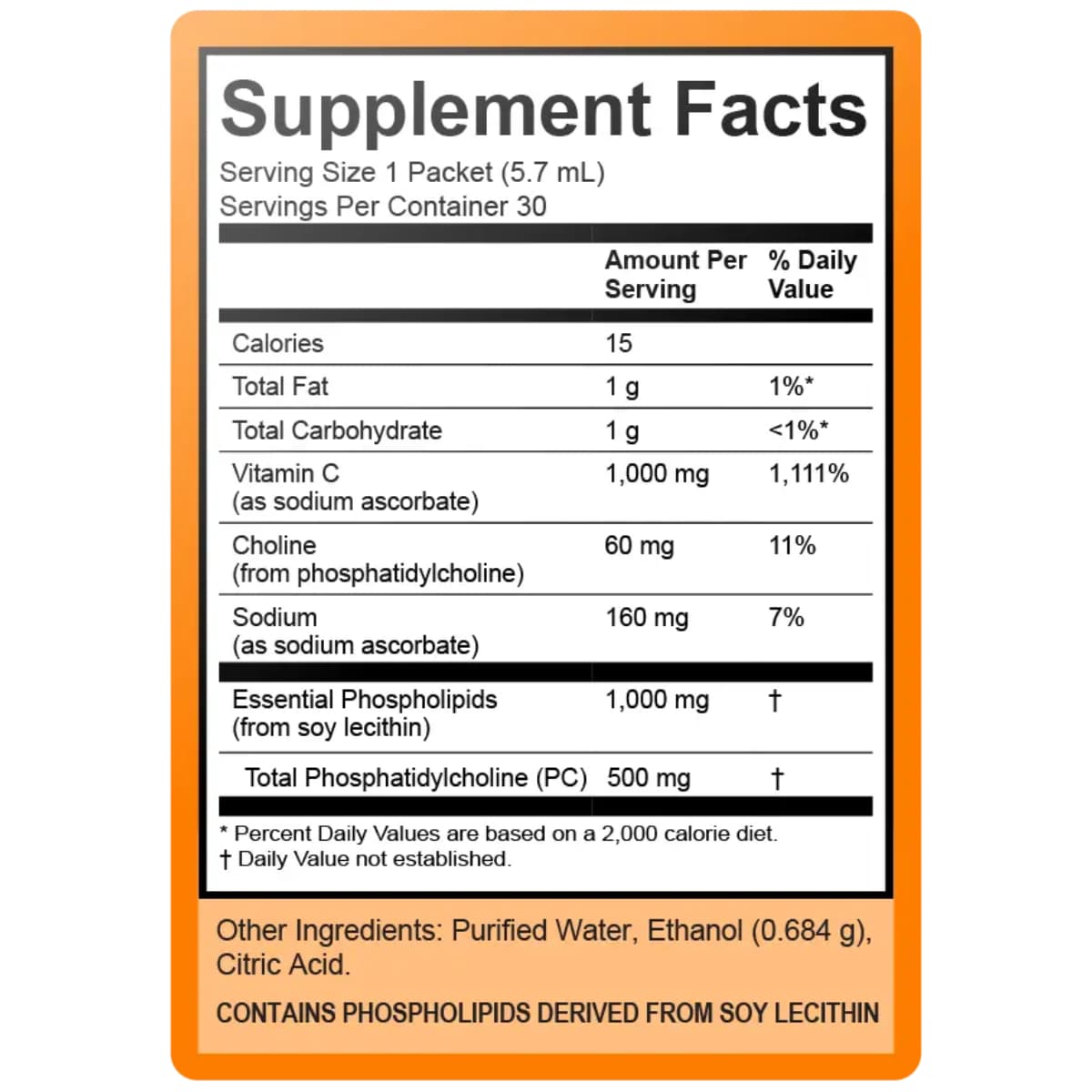 Etiqueta de LivOn Labs Vitamina C Liposomal con información de ingredientes y Supplement Facts