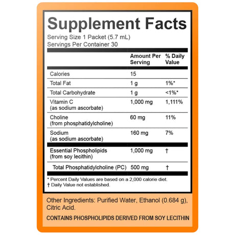 Etiqueta de LivOn Labs Vitamina C Liposomal con información de ingredientes y Supplement Facts