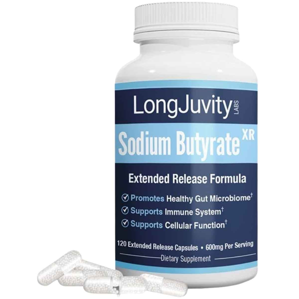 Frasco de suplemento LongJuvity Labs Butirato de Sodio 120 cápsulas