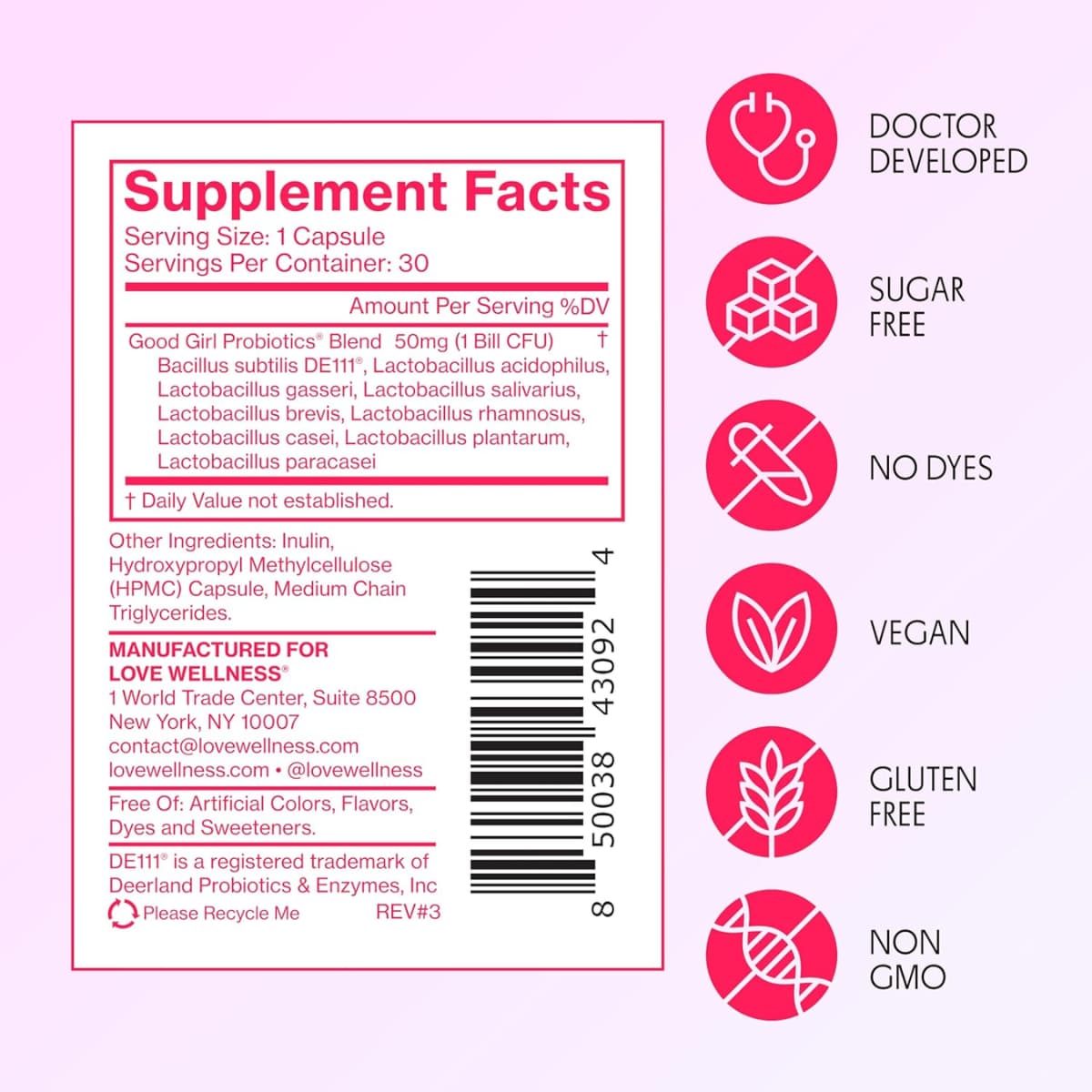 Tabla nutricional del suplemento Love Wellness Good Girl Probiotics 30 cápsulas
