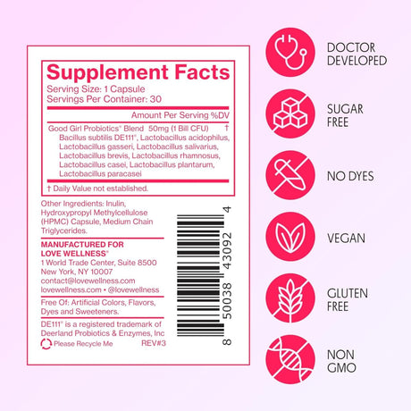 Tabla nutricional del suplemento Love Wellness Good Girl Probiotics 30 cápsulas