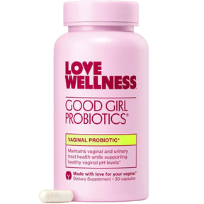 Frasco de suplemento Love Wellness Good Girl Probiotics 30 cápsulas