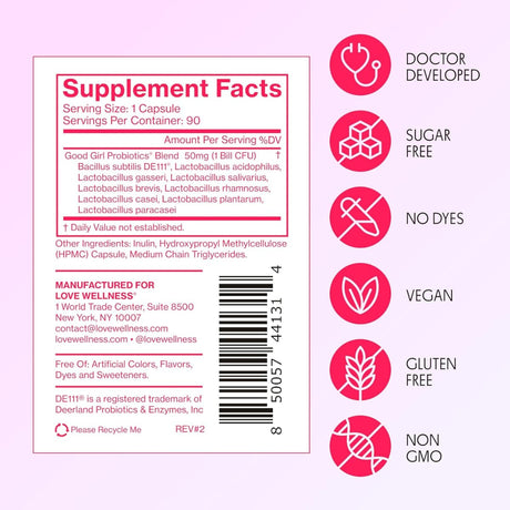 Tabla nutricional del suplemento Love Wellness Good Girl Probiotics 90 cápsulas