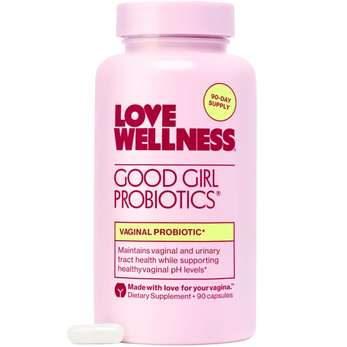Frasco de suplemento Love Wellness Good Girl Probiotics 90 cápsulas
