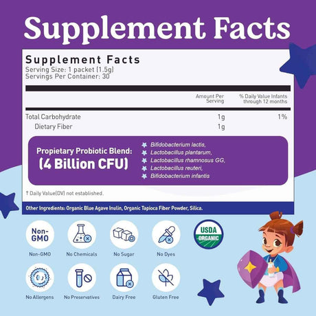 Tabla nutricional del suplemento Lovebug Mezcla de Probióticos para Bebés 4 Billion CFU 30 Sobres