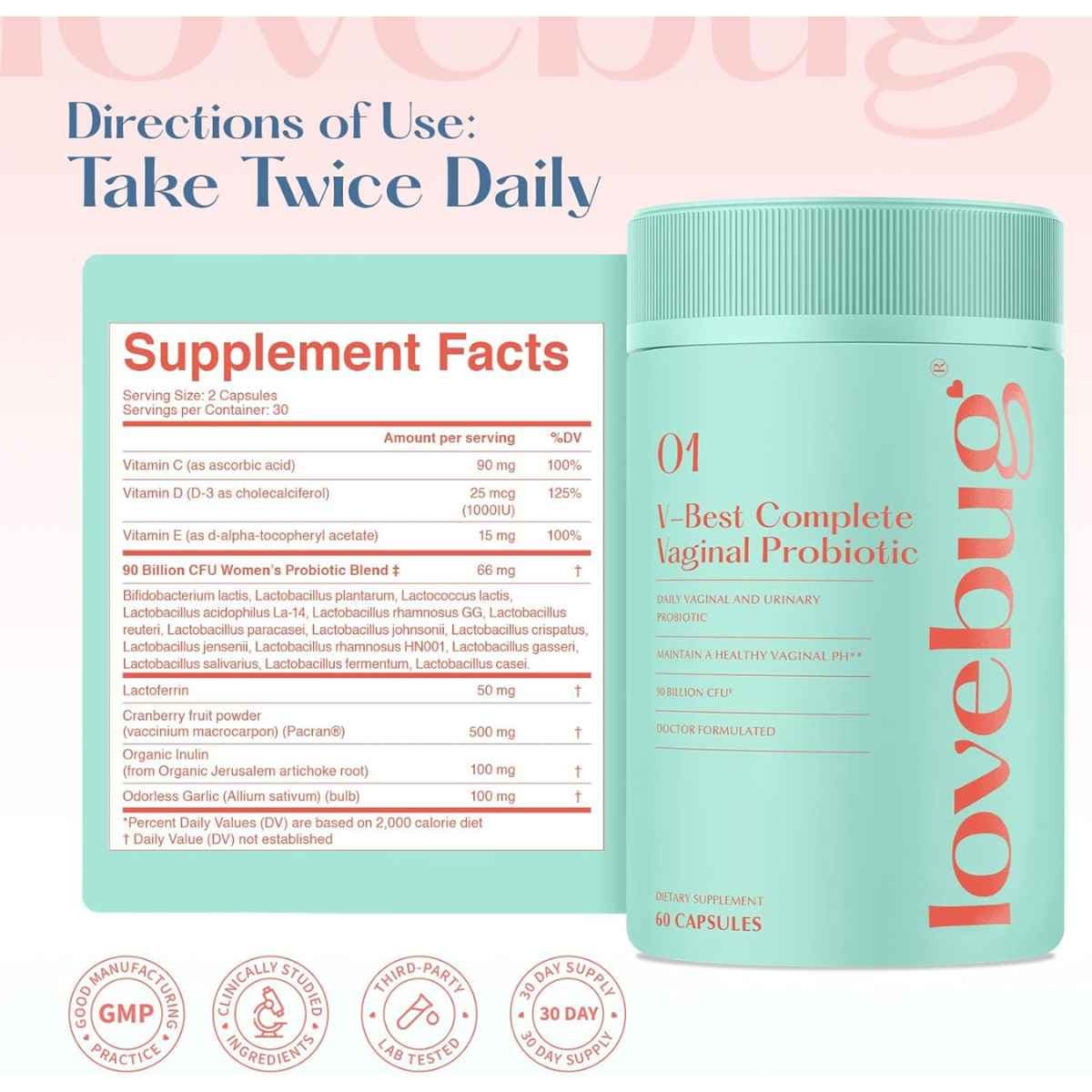 Tabla nutricional del suplemento Lovebug V-Best Mezcla Probiótica para la Flora Íntima 90 Mil Millones de UFC 60 cápsulas