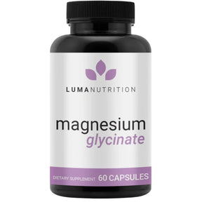 Envase frontal de Luma Nutrition glicinato de magnesio en cápsulas, frasco con 60 cápsulas