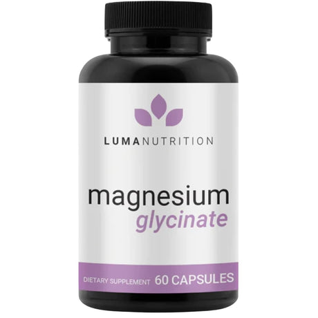 Envase frontal de Luma Nutrition glicinato de magnesio en cápsulas, frasco con 60 cápsulas