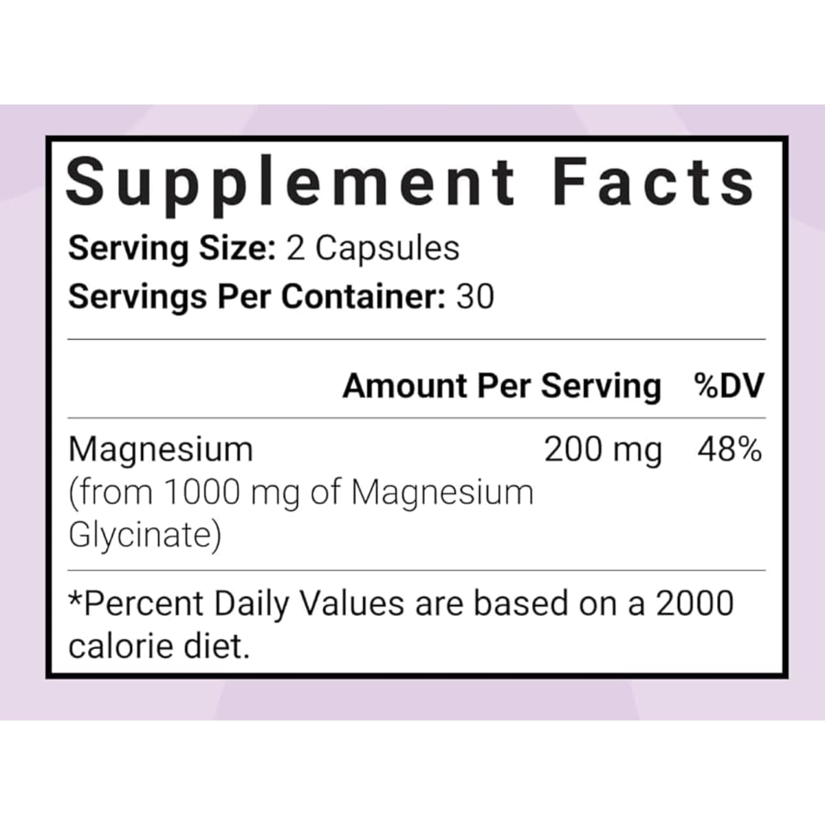 Tabla de información nutricional del glicinato de magnesio de Luma Nutrition con porción de 2 cápsulas y 200 mg de magnesio
