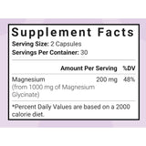 Tabla de información nutricional del glicinato de magnesio de Luma Nutrition con porción de 2 cápsulas y 200 mg de magnesio