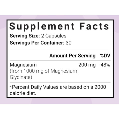 Tabla de información nutricional del glicinato de magnesio de Luma Nutrition con porción de 2 cápsulas y 200 mg de magnesio