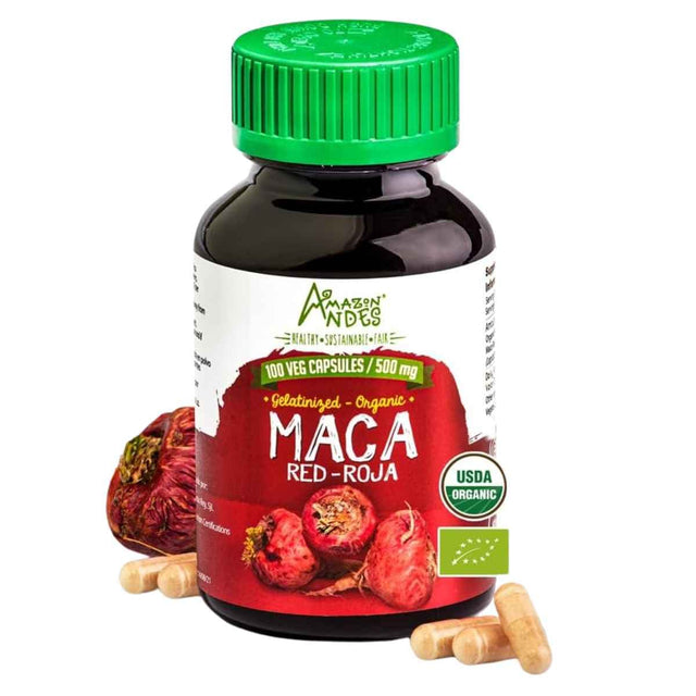 Frasco de suplemento Maca Roja Orgánica 100 Cápsulas