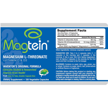 Información del suplemento de Magceutics Magtein fórmula de magnesio con vitaminas C y D3, 120 cápsulas