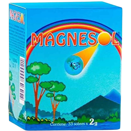 Caja frontal de Magnesol magnesio con zinc, presentación de 33 sobres de 2 g.