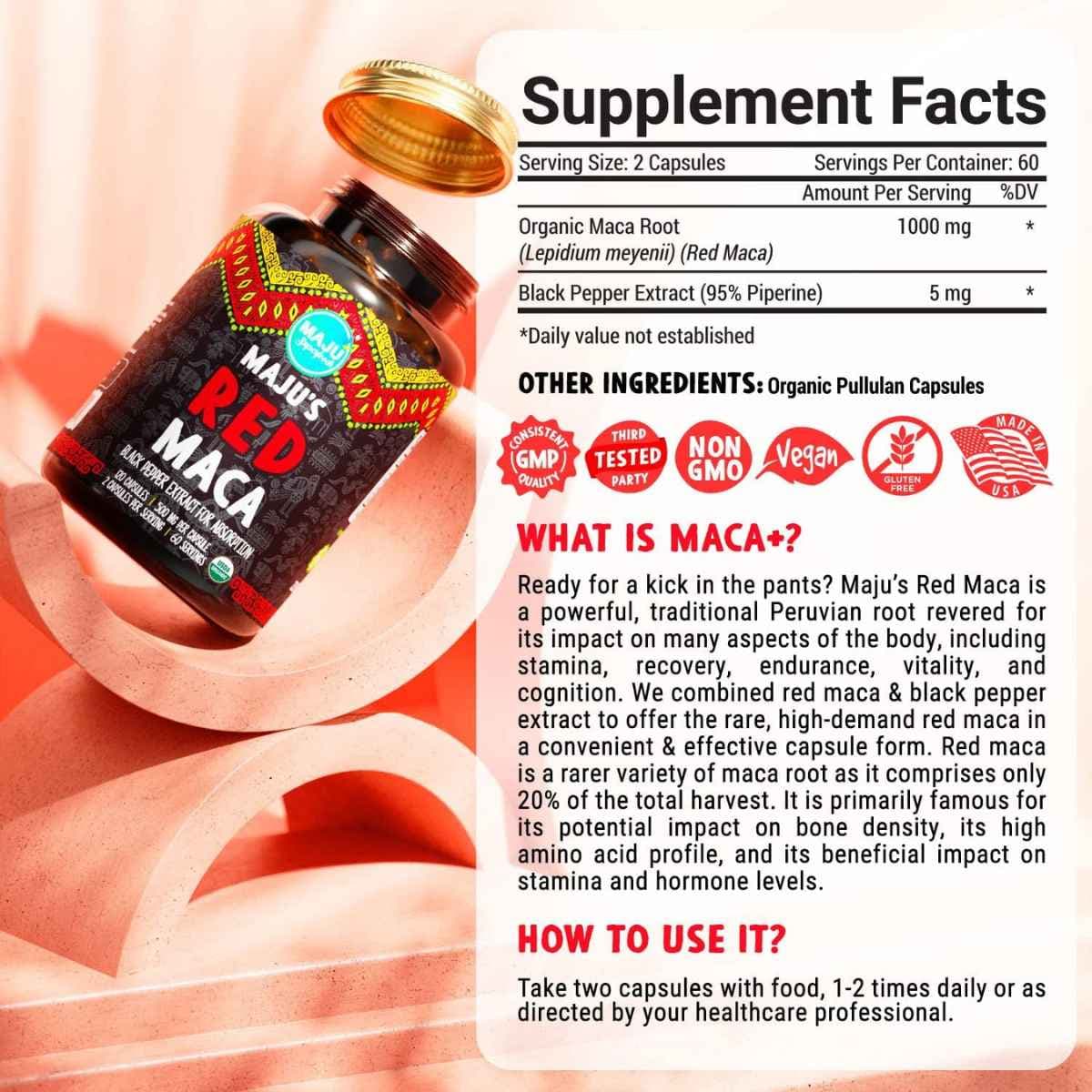 Tabla nutricional del suplemento MAJU Maca Roja Orgánica con Pimienta Negra 120 cápsulas