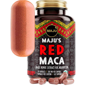 Frasco de suplemento MAJU Maca Roja Orgánica con Pimienta Negra 120 cápsulas