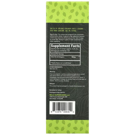 Tabla nutricional del suplemento Maju Superfoods Aceite de Orégano 30 ml