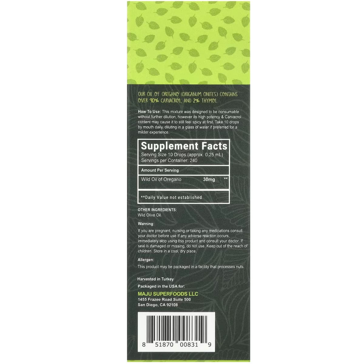Tabla nutricional del suplemento Maju Superfoods Aceite de Orégano 60 ml