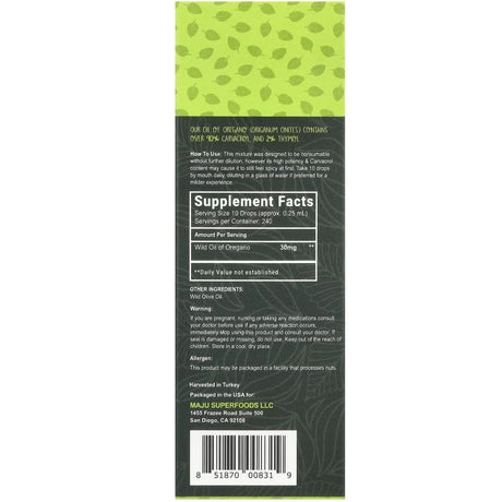 Tabla nutricional del suplemento Maju Superfoods Aceite de Orégano 60 ml