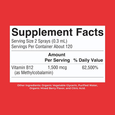 Tabla nutricional del suplemento MaryRuth Organics Metil B12 Baya 1500 mcg 30 ml